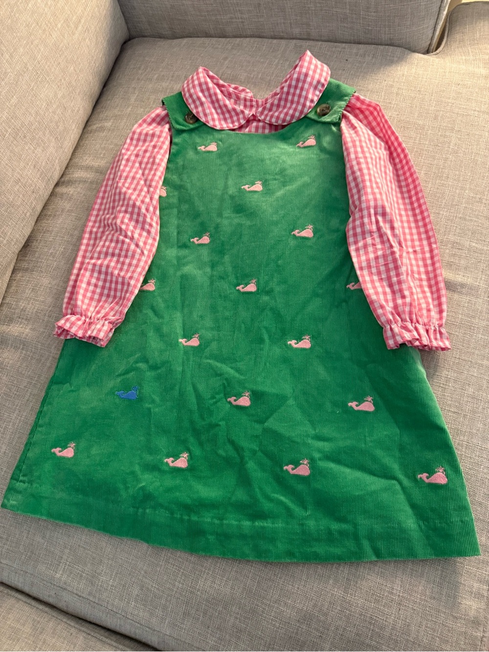 Beaufort Bonnet Green Whale Embroidered Pinafore Dress with Pink Check Blouse